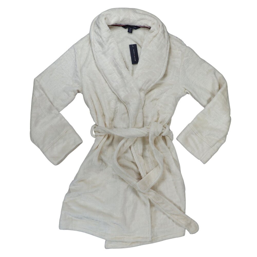 Tommy Hilfiger Debossed Plush Belted Men's Bathrobe With Pockets S NWT White